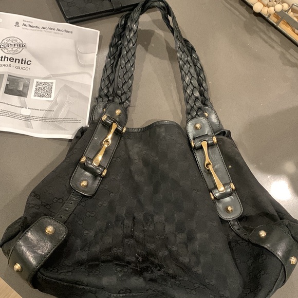 Set of Gucci monogram black shoulder purse w/ COA and Jackie wallet bundle. - Picture 7 of 14